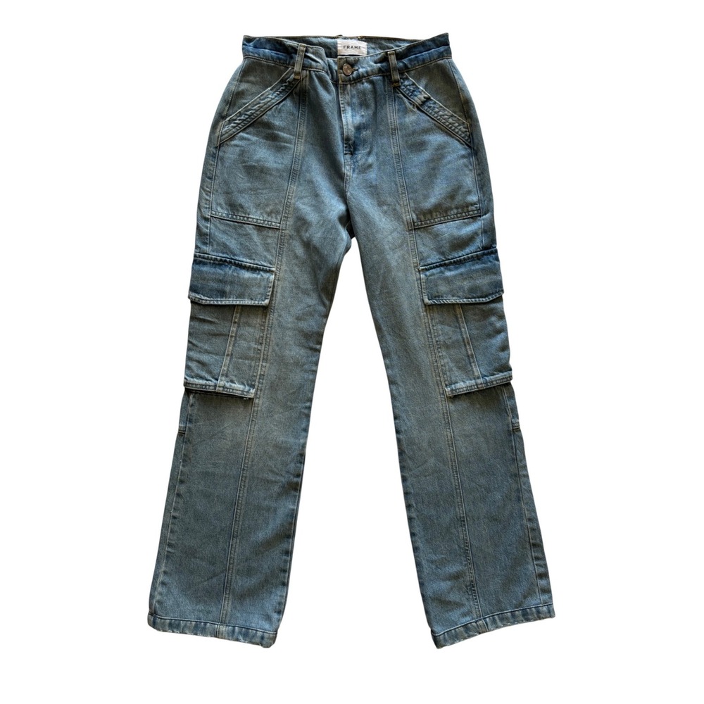 FRAME Acapella Cargo Jeans Blue High Rise Straight Leg Utility Denim Size 27